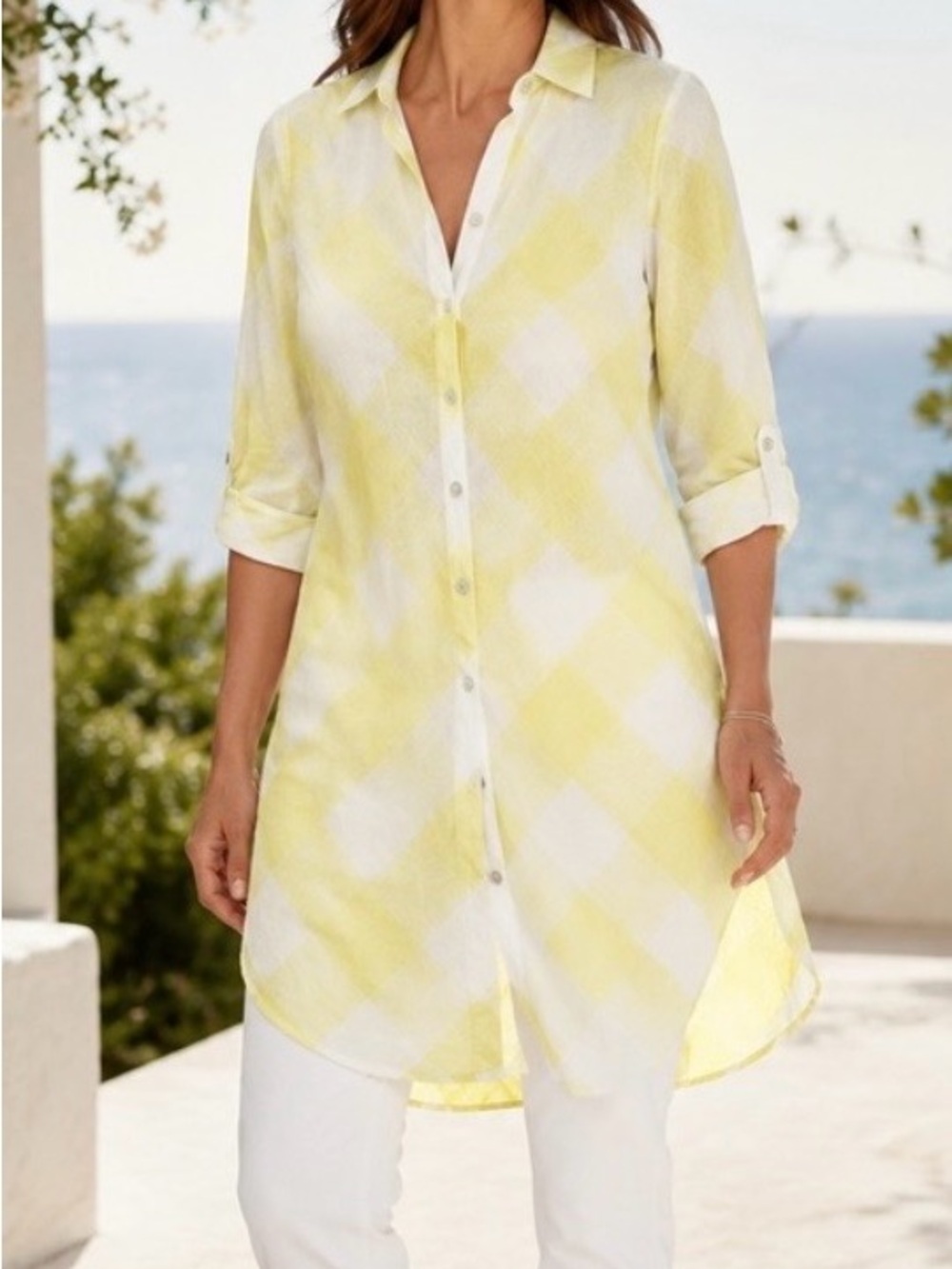 Chico's Women’s Yellow White 100% Linen Roll Tab Sleeve Shirt Dress 1P/SP